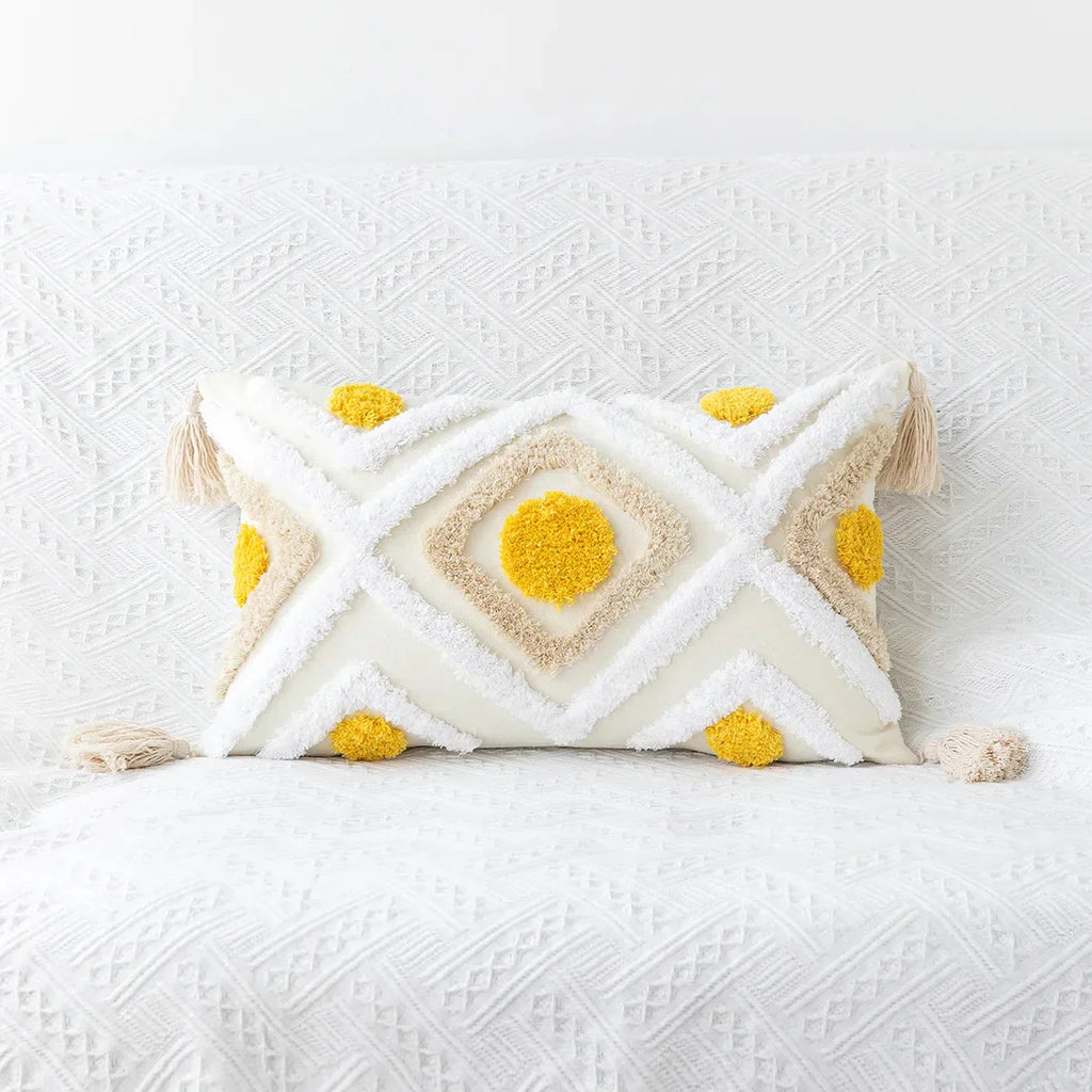 DecorBites™ Geometric Tufted Embroidery Flowers Boho Cushion Cover with Tassel