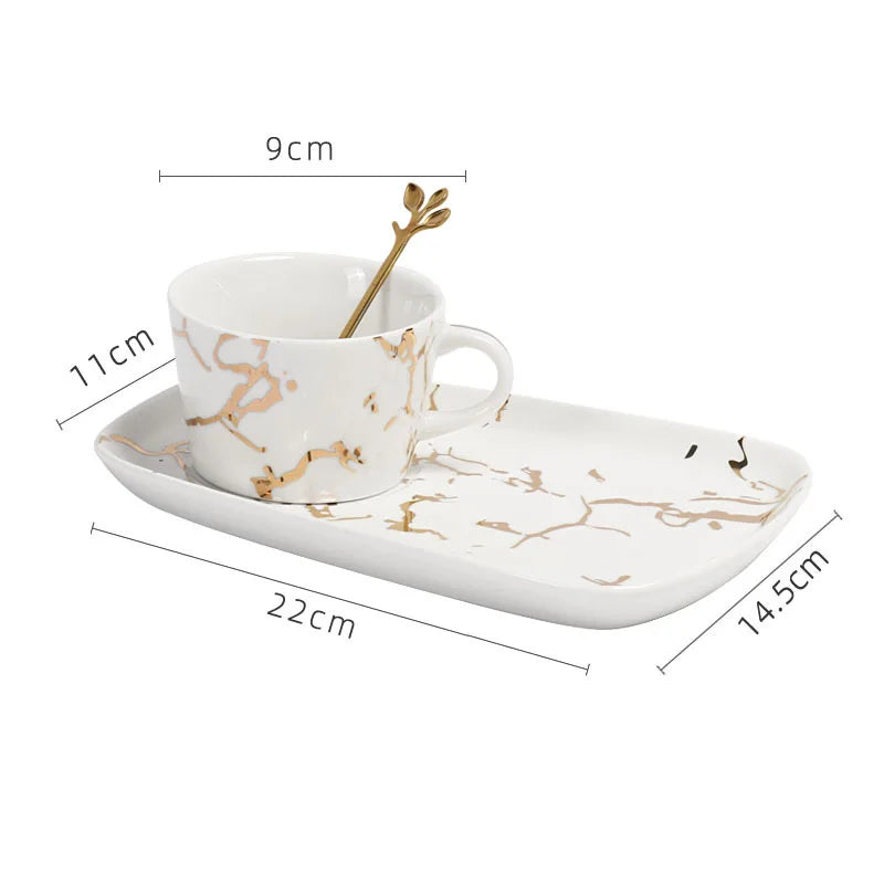 DecorBites™ Gilded Marble Texture Ceramic Cup & Saucer Set for Dining Table Tea & Coffee