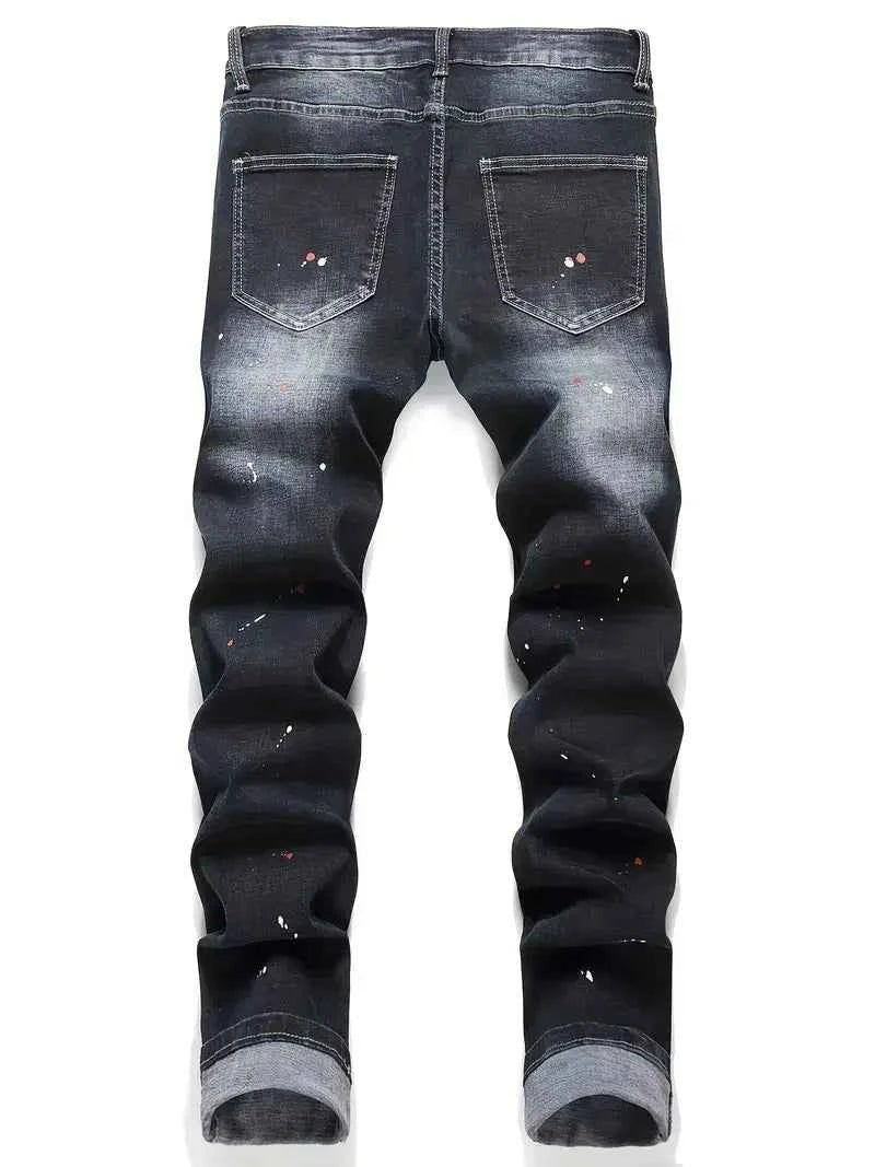 Men's Y2K Stretchy Denim Pants Ripped Skinny Letter Print elastic waist Casual pants