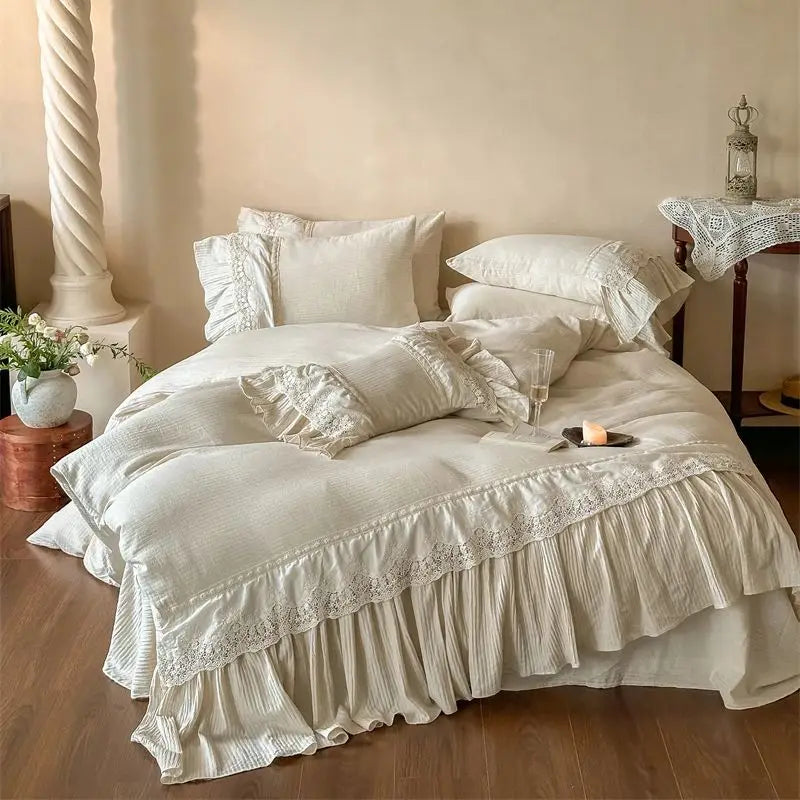 DecorBites™ French Lace Ruffle Embroidery Bedding Set with Natural Health Skin Fabric