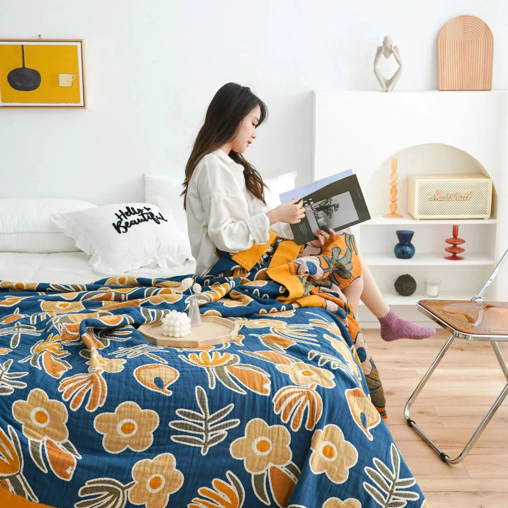 DecorBites™ Japanese Cotton Gauze Flower Blanket: Soft and Breathable Summer Throw