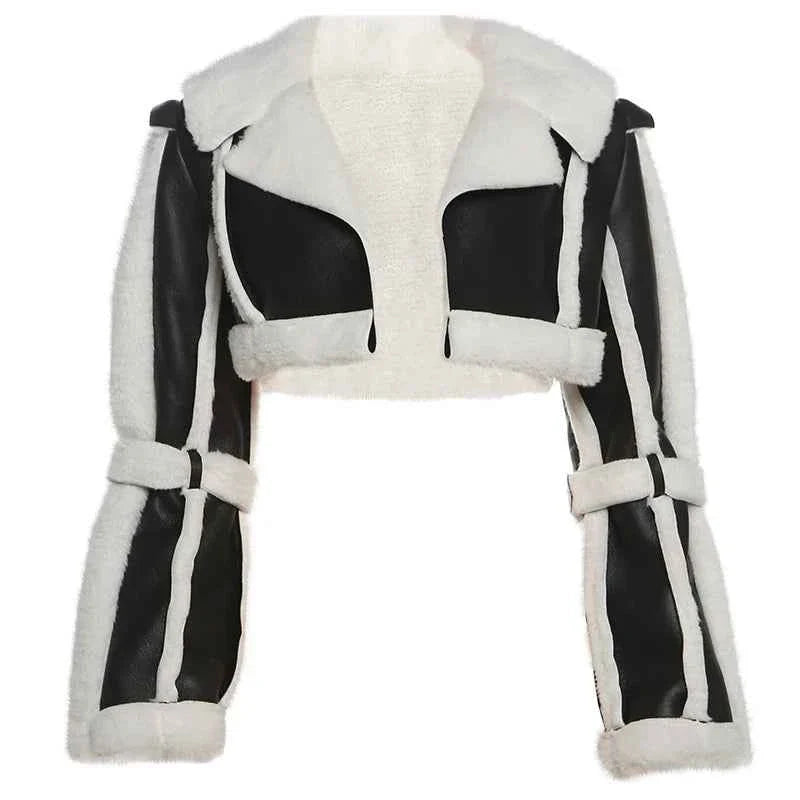 Furry Patchwork Women's Crop Jacket Warm Outwear Basic