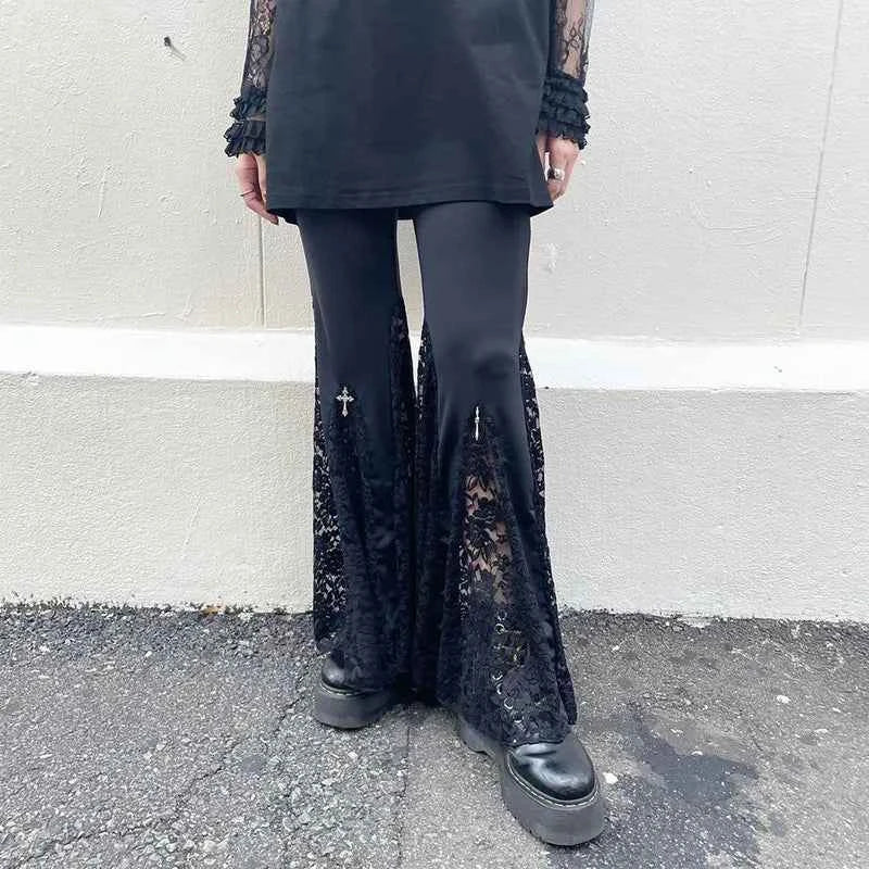 Goth Mall Flare Jeans Sexy Black Lace Patchwork High Waist Vintage Punk Grunge Streetwear