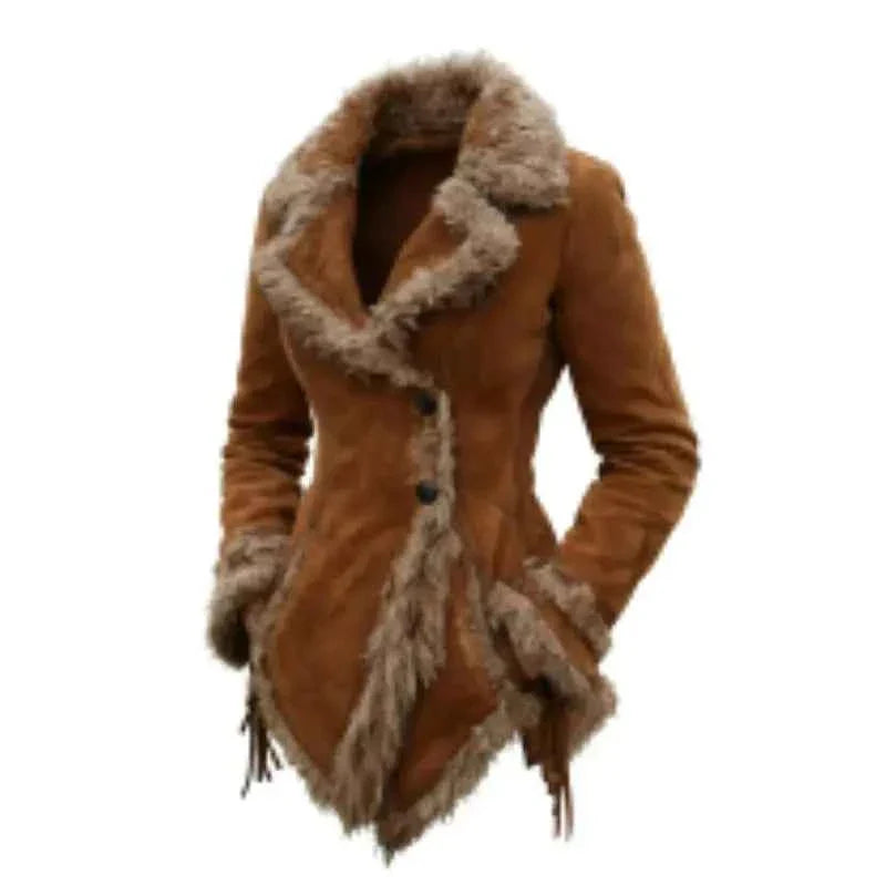Women's Vintage Suede Jacket Fur Collar Lapel Jacket Warm High Grade