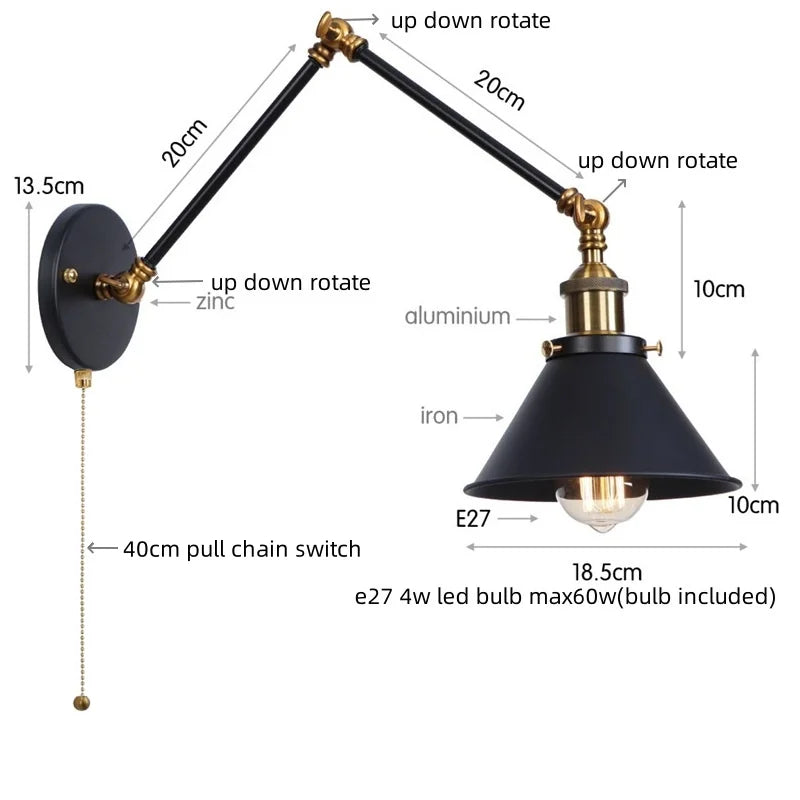 DecorBites™ Gold Long Arm LED Wall Sconce with Pull Chain Switch