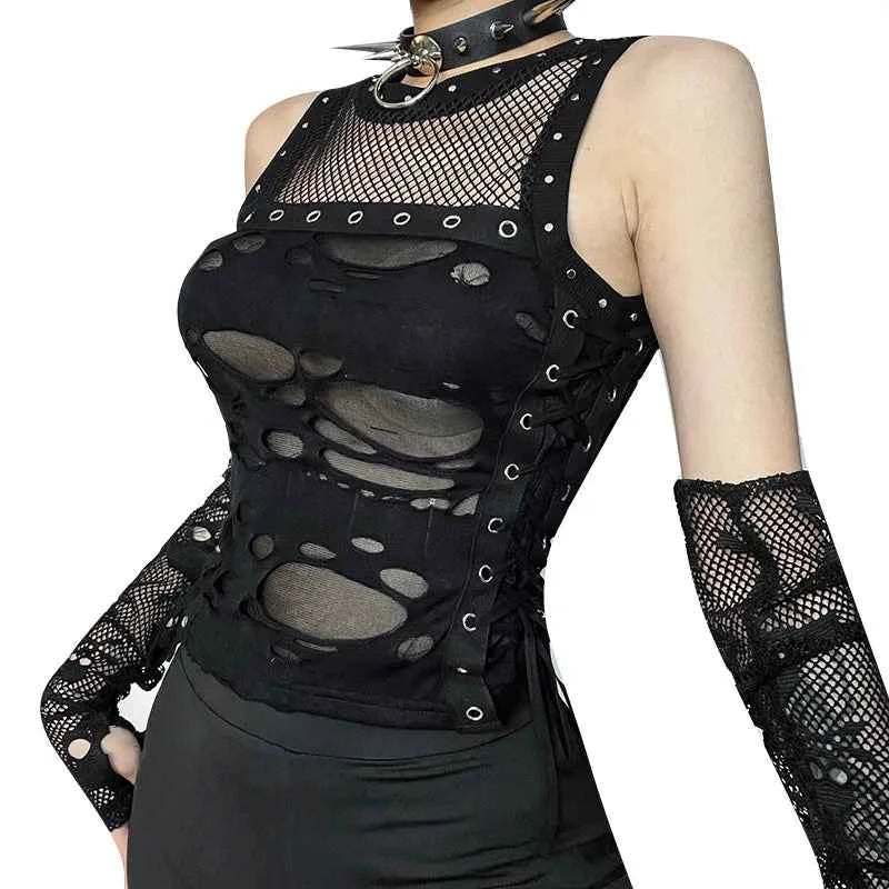 Gothic Crop Top T-Shirt for Women Sexy Fishnet Backless Steampunk