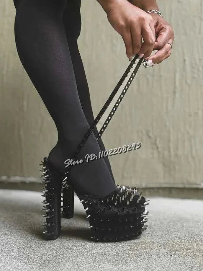 Spiked Square Toe Pumps Chunky High Heel Suede