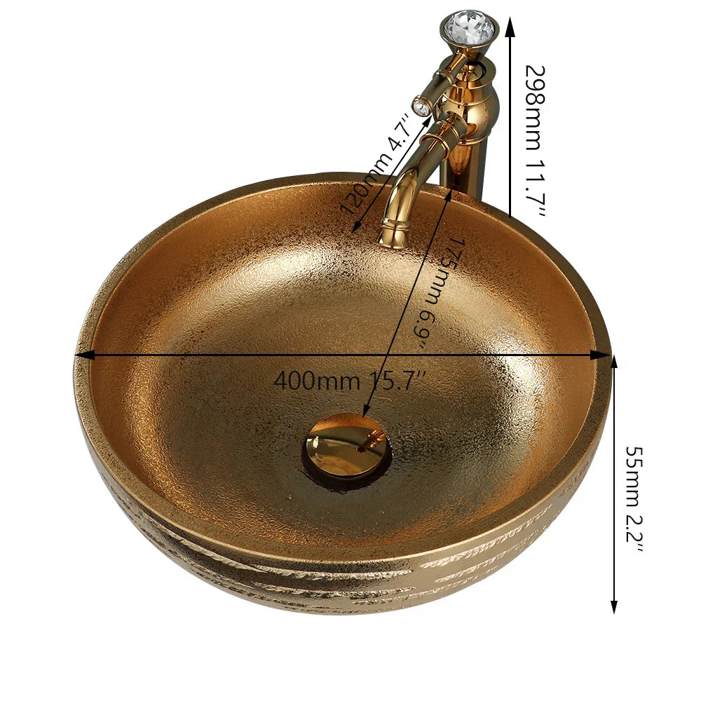 DecorBites™ Golden Ceramic Bathroom Basin Set with Gold Faucet and Mixer Taps