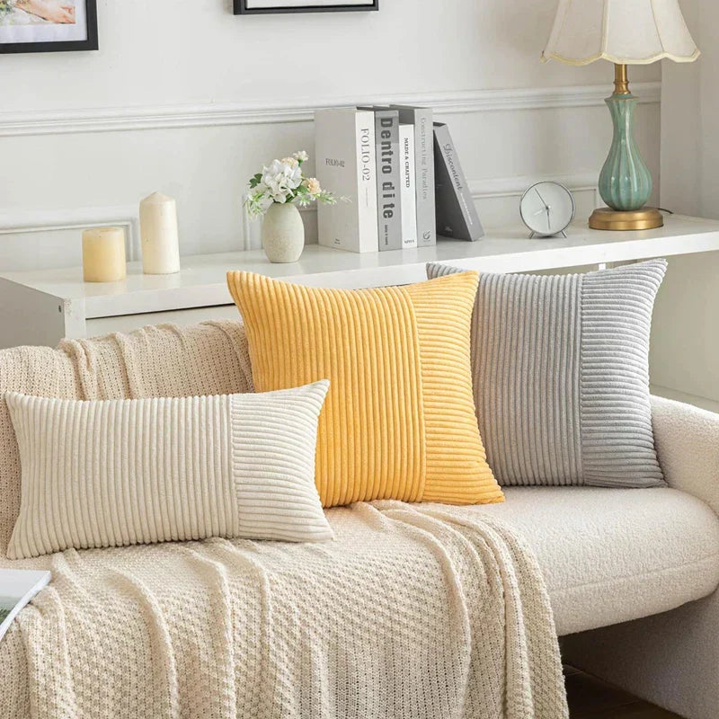 DecorBites™ Corduroy Striped Patchwork Throw Pillow Covers Set, Farmhouse Style Yellow Classic Pillowcases