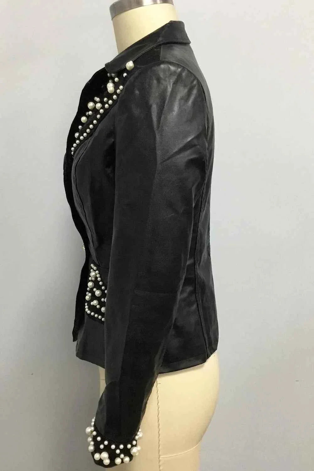Women's Pearl Decoration PU Leather Jacket