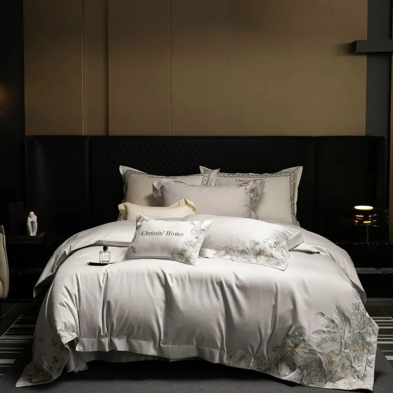 DecorBites™ Luxe Embroidered Cotton Bedding Set: Duvet Cover, Pillowcases, Flat Sheet