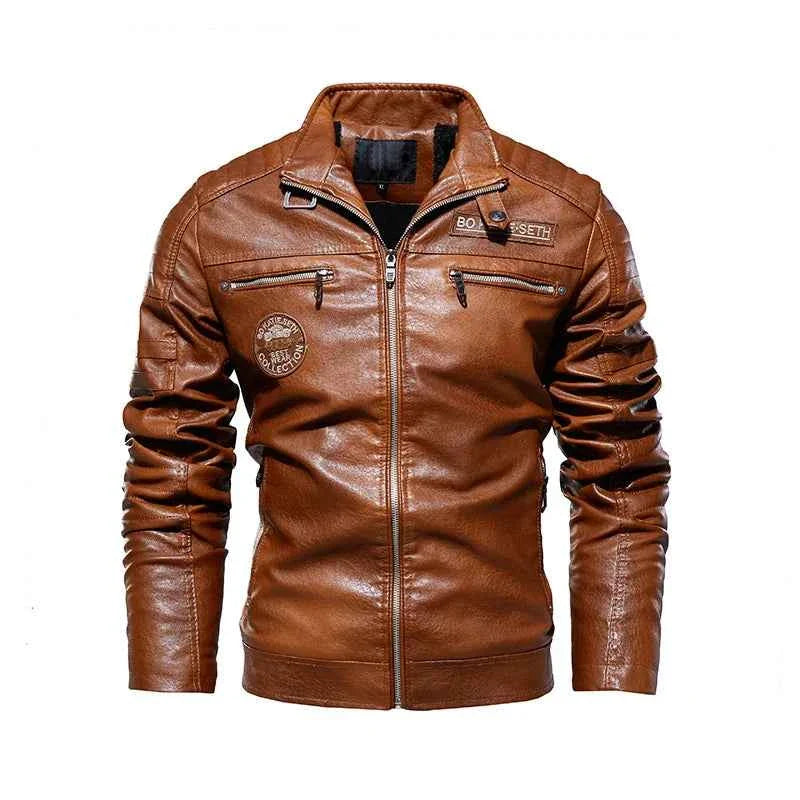 Leather Coat Men Winter Fleece Motorcycle Faux Leather  Removable Fur Collar