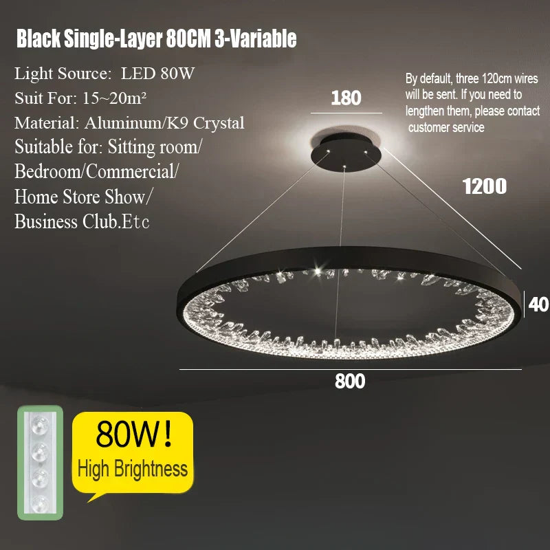 DecorBites™ Crystal Led Chandelier: Modern Luxury K9 Ring Dimmable Circle Hanging Lamp - Bedroom Living Dining Room Lighting