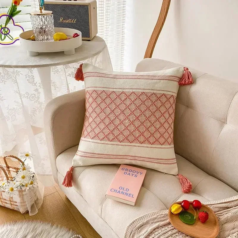DecorBites™ Geometric Tufted Tassel Pillow Cover - Handcrafted Boho Chic Cushion Cover