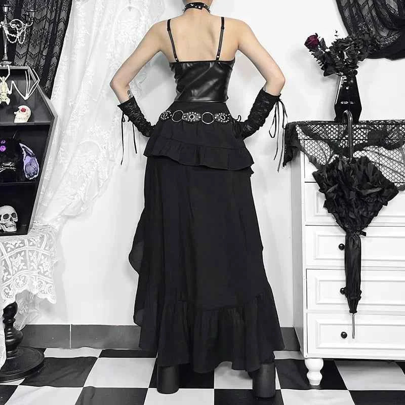 Goth Dark Kawaii Black Tiered Skirt 90S Retro Irregular Hem