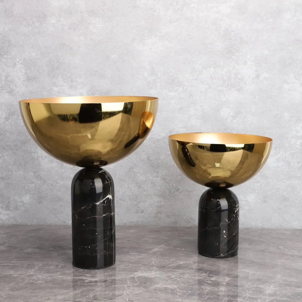 DecorBites™ Golden Fruit Bowl Metal Handicraft with Marble Base Storage Container Tray