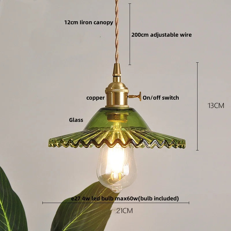 DecorBites™ Green Glass LED Pendant Lights with Walnut Wood Hanging Lamp