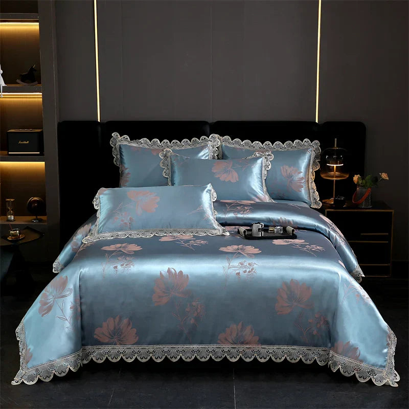 DecorBites™ Golden Jacquard Cotton Lace Bedding Set - Silky Soft Duvet Cover, Flat Sheet, Pillowcase