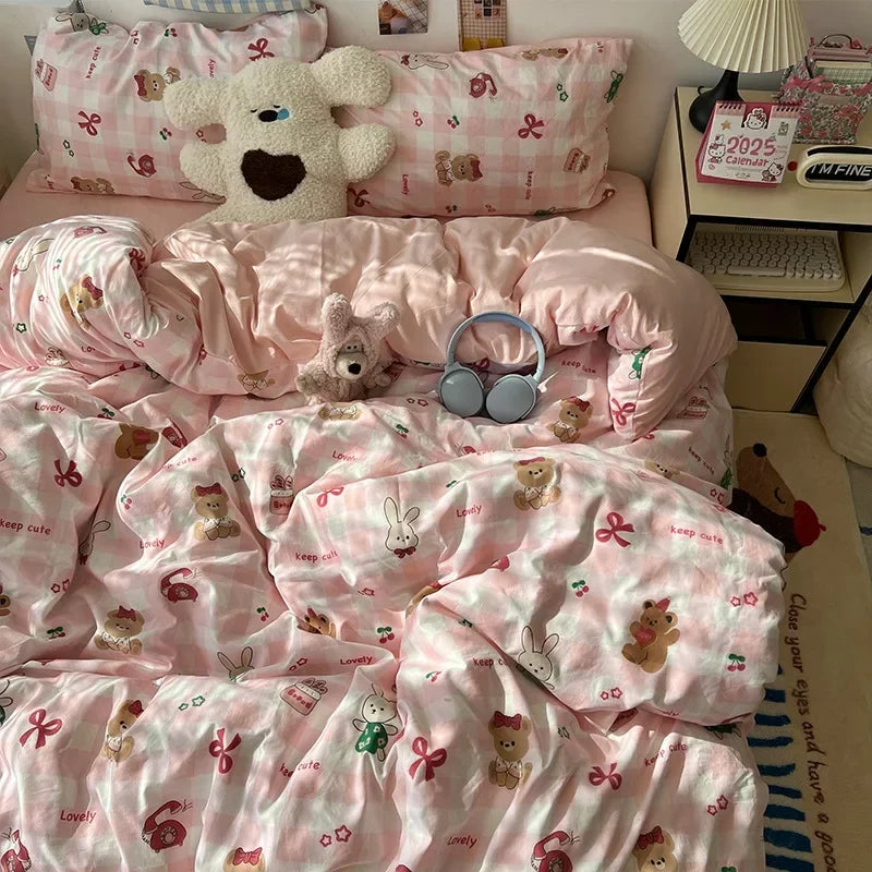 DecorBites™ Cute Cartoon Washed Cotton 4-Piece Bedding Set for Spring Soft Skin-Friendly Sheets