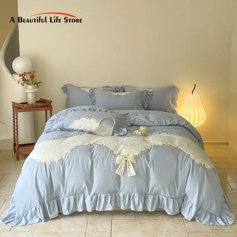 DecorBites™ Lace Embroidery Princess Bedding Set - Duvet Cover, Sheet, Pillowcases - Blue Pink Purple