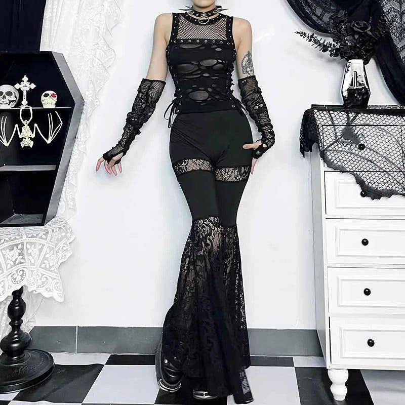 Gothic Crop Top T-Shirt for Women Sexy Fishnet Backless Steampunk