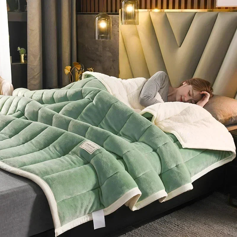 DecorBites™ Cozy Flannel Fleece Lambswool Blanket - 3 Layers, Warm & Soft for Bed.