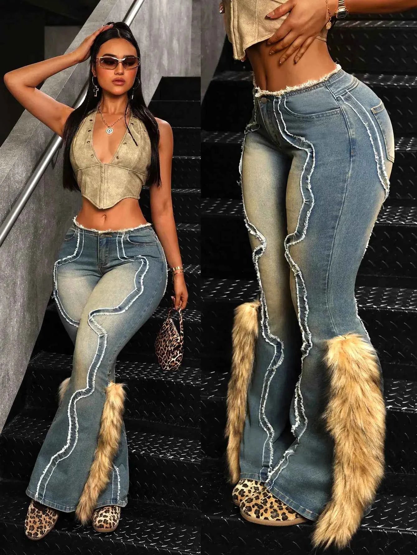 Vintage Fuzzy Patch Fur Trim Flared Denim Jeans for Women, High Waist Stretchy Streetwear
