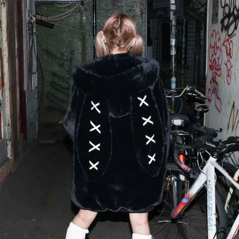 Women's Sweatshirts Rabbit Ears Punk Black Easter Collection Thickened Furry Zipper Oversized Y2k