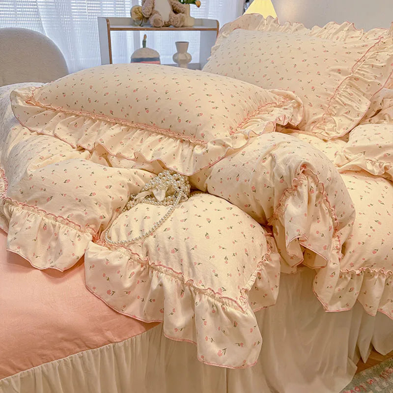 DecorBites™ Korean Princess Floral Print Bedding Set in Washed Cotton for Girls