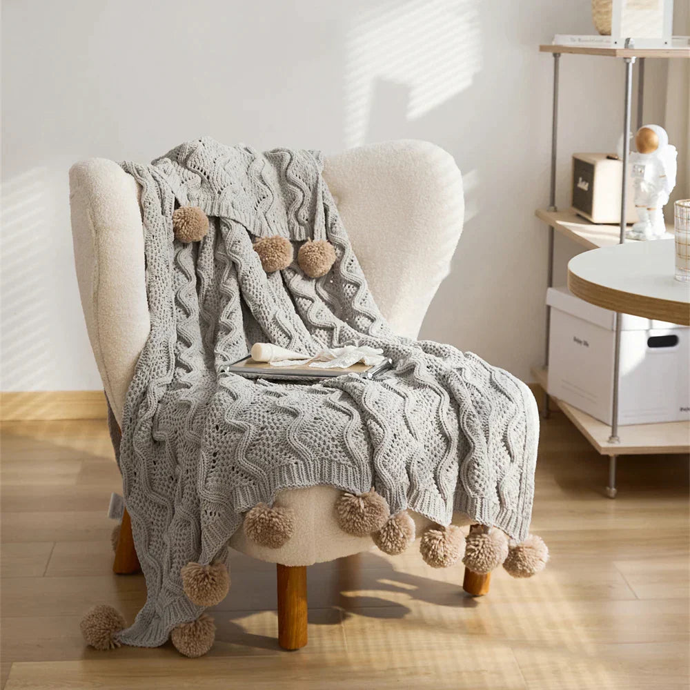 DecorBites™ Elegant Chenille Pompons Throw Blanket