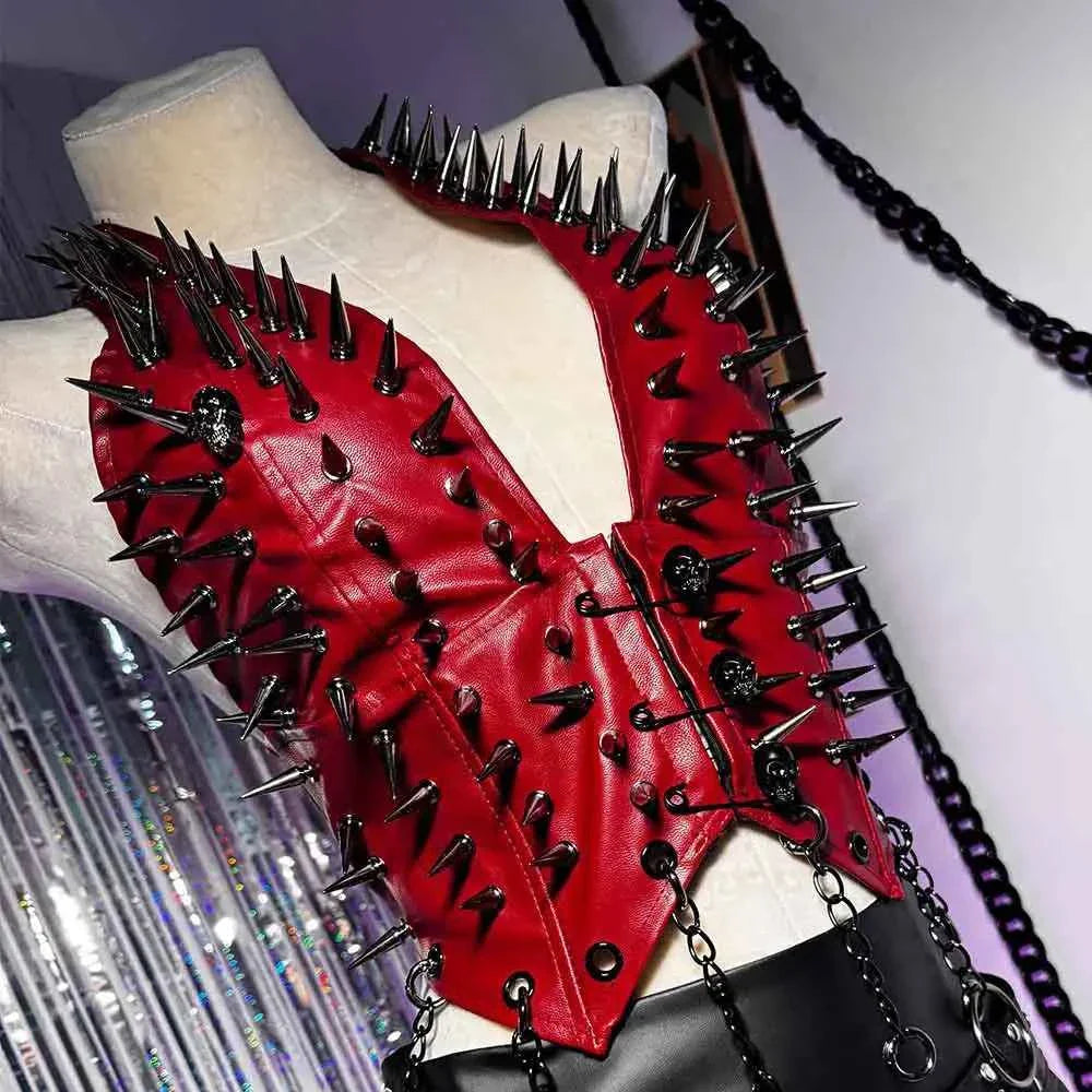 Emo Spike Studded Rivet PU Leather Halter T-shirt