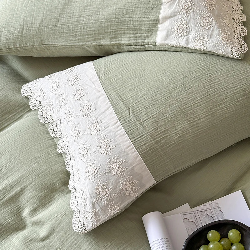 DecorBites™ French Lace Cotton Bedding Set: Duvet, Sheet, Pillowcases, 4Pc