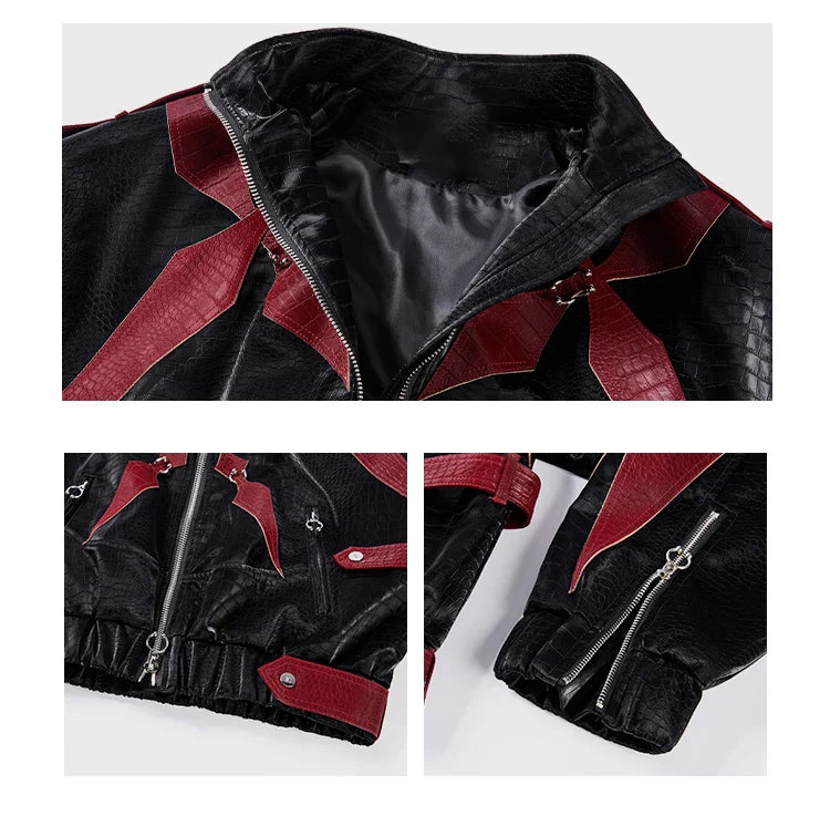 High Quality Crocodile Patchwork Pu Leather Coat Luxury Streetwear Men's Gothic Urban