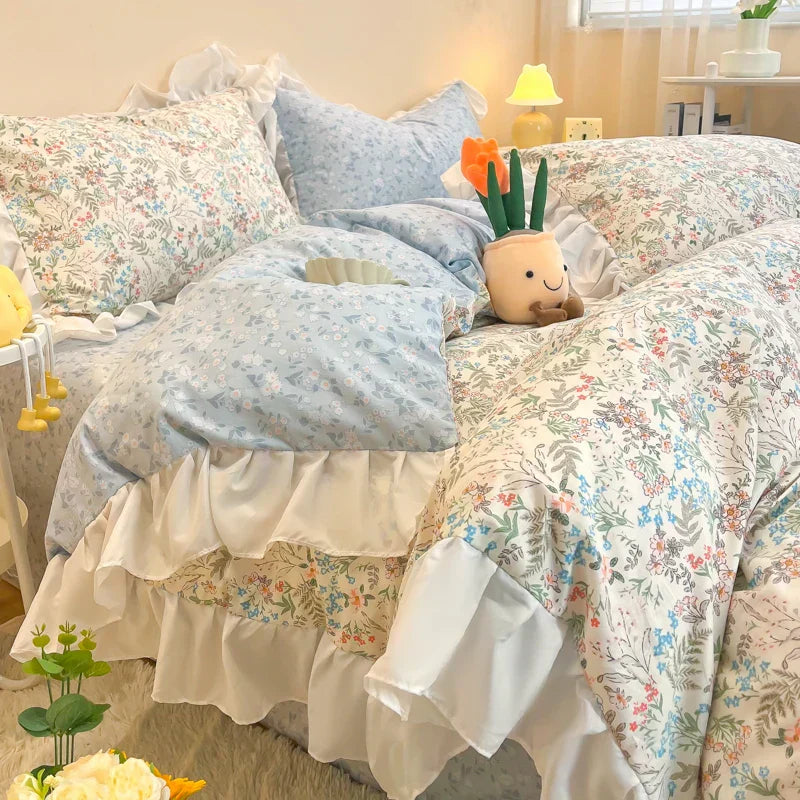 DecorBites™ Korean Princess Floral Ruffles Bedding Set: Single/Queen Duvet, Cover, & Pillowcases