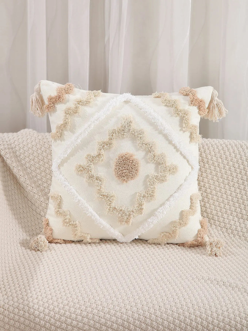 DecorBites™ Geometric Tufted Embroidery Flowers Boho Cushion Cover with Tassel