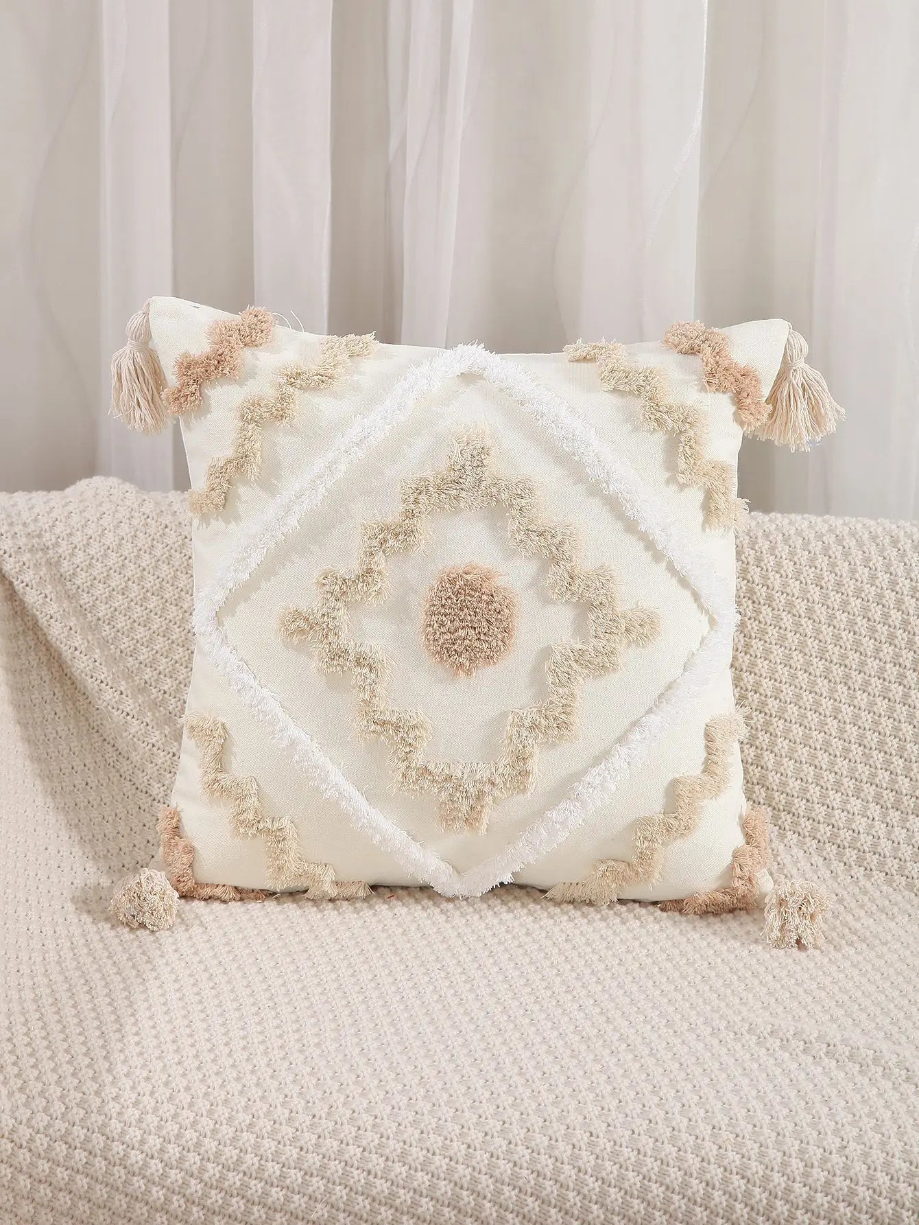 DecorBites™ Geometric Tufted Embroidery Flowers Boho Cushion Cover with Tassel
