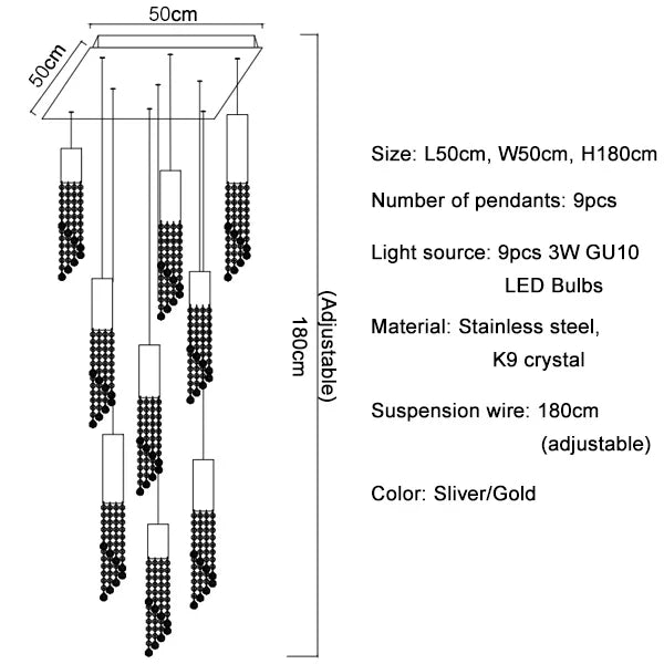 DecorBites™ Large Crystal LED Staircase Chandelier for Modern Living Room Hall Loft
