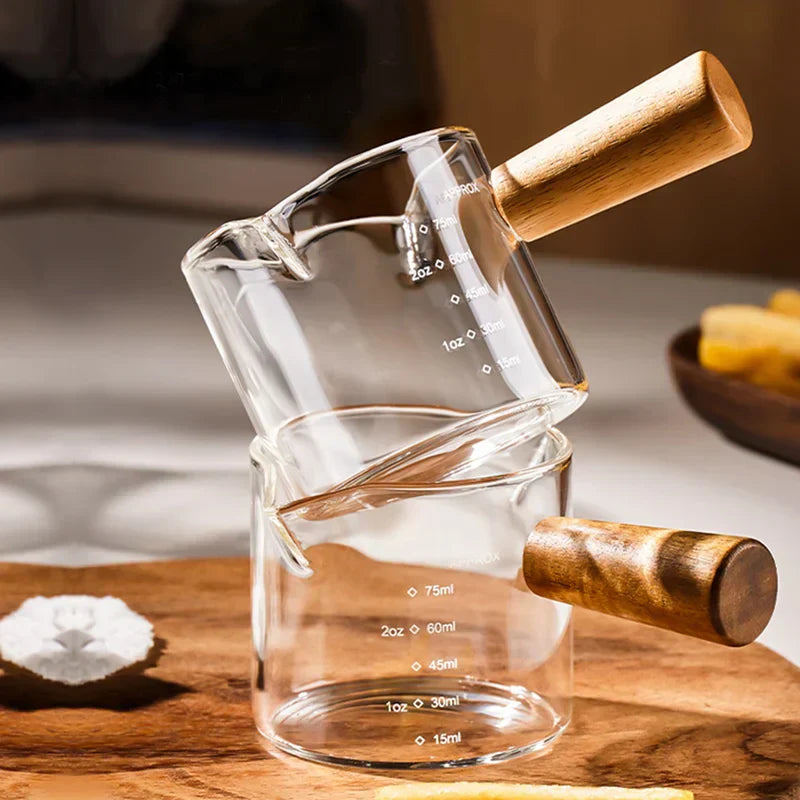 DecorBites™ Glass Espresso Measuring Cup with Wood Handle, Transparent Milk Jug