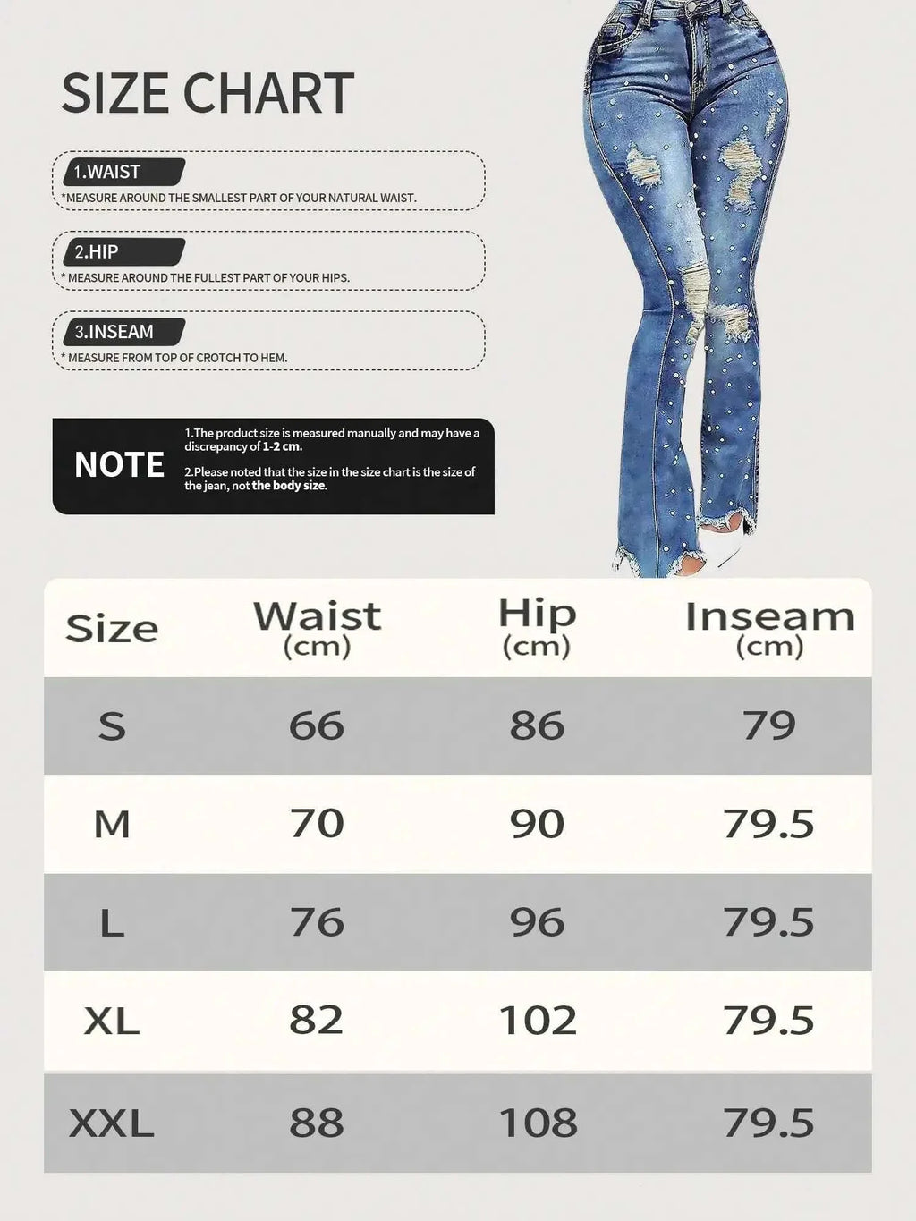 Women's Custom Made High Waisted Ripped Flared Jeans with Beads, Elastic Denim Street Style