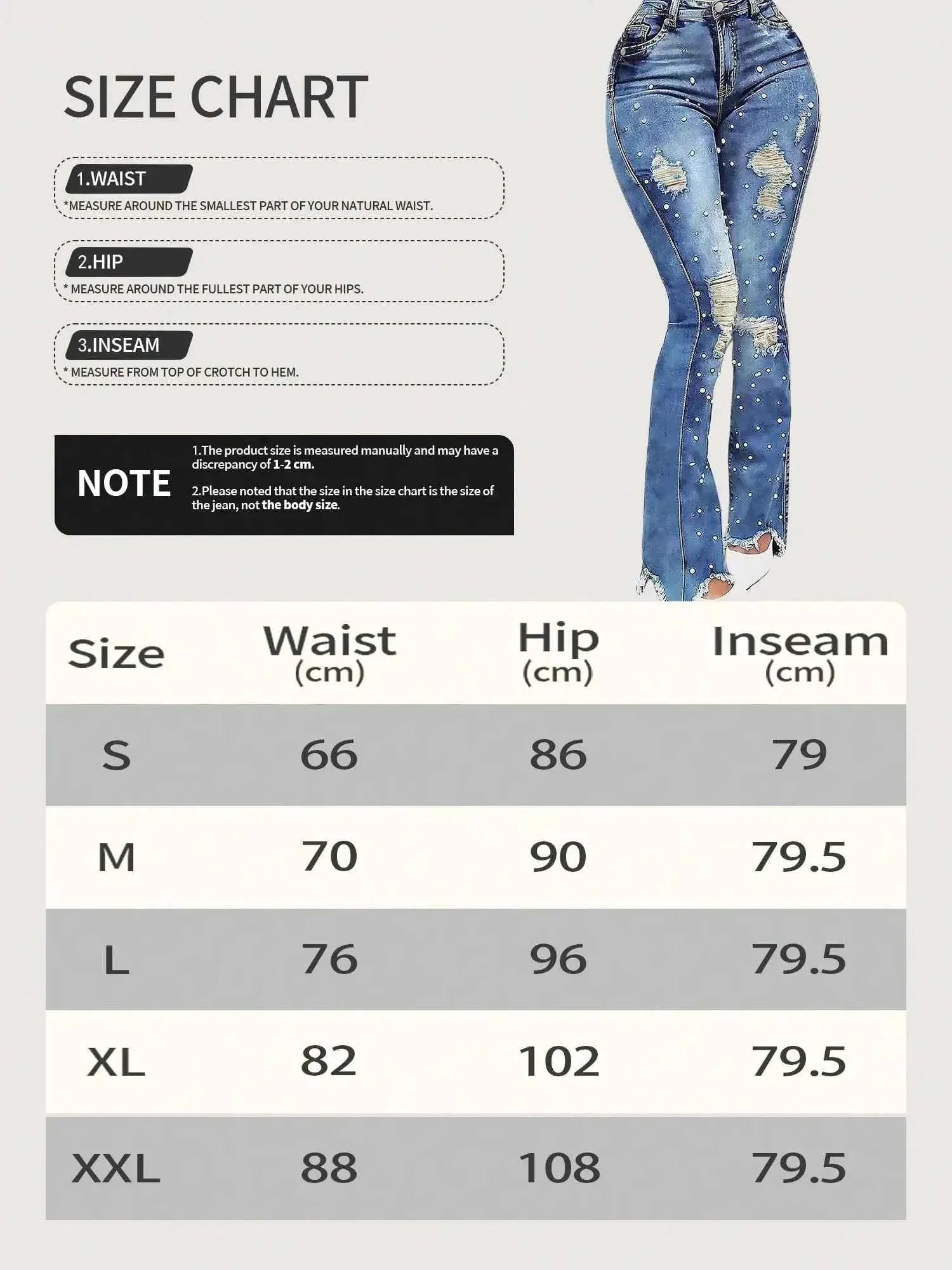 Women's Custom Made High Waisted Ripped Flared Jeans with Beads, Elastic Denim Street Style
