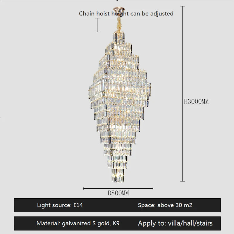 DecorBites™ Crystal Large Chandelier for Villa Duplex Loft Stairs, Elegant Hall Pendant Light