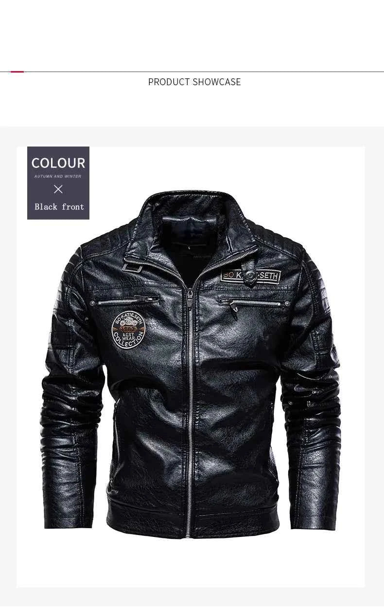 Leather Coat Men Winter Fleece Motorcycle Faux Leather  Removable Fur Collar
