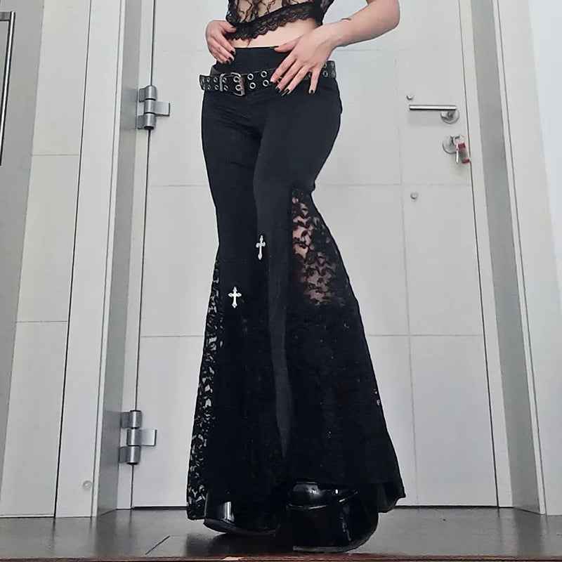 Goth Mall Flare Jeans Sexy Black Lace Patchwork High Waist Vintage Punk Grunge Streetwear