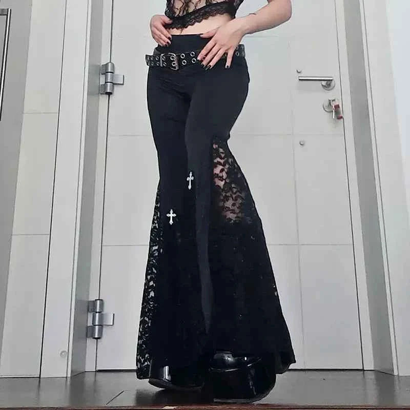 Goth Mall Flare Jeans Sexy Black Lace Patchwork High Waist Vintage Punk Grunge Streetwear