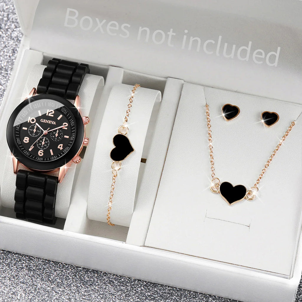 5/6-Piece Women's Quartz Watch Jewelry Gift Set – Silicone Band Watch with Bracelet, Necklace & Earrings