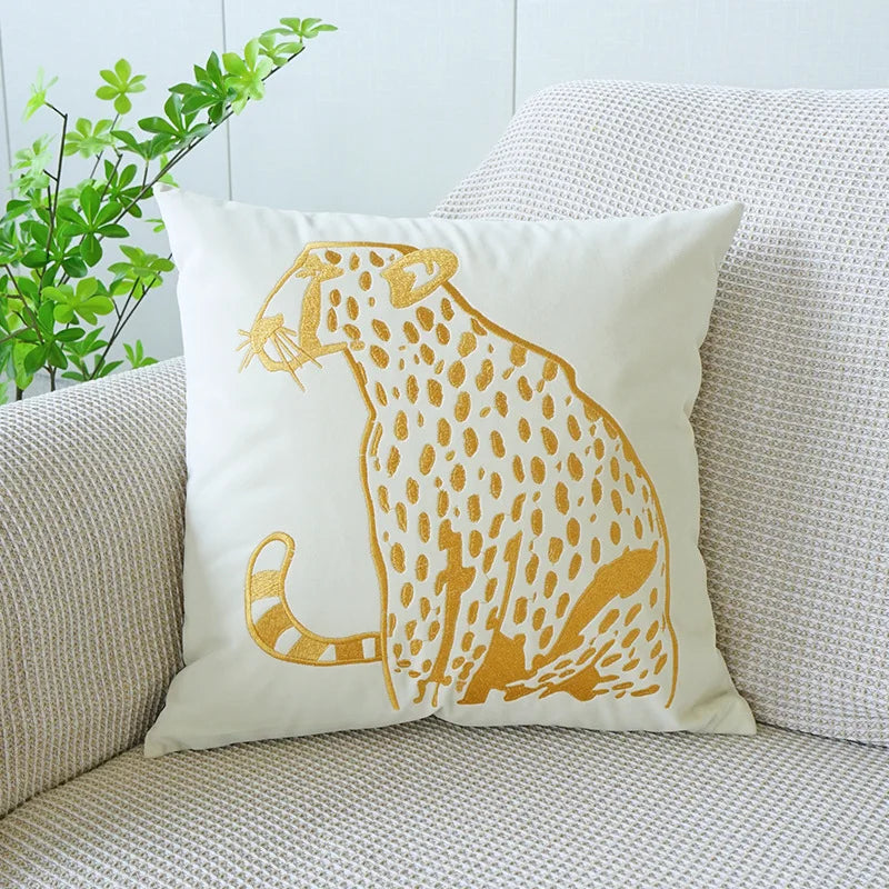 DecorBites™ Gold Leopard Velvet Pillow Case 45x45cm Luxury Embroidered Animal Cushion Cover