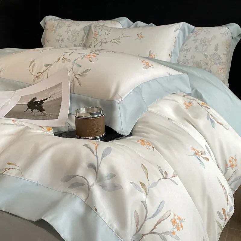 DecorBites™ Eucalyptus Fiber Flowers Bedding Set: Duvet Cover, Bed Sheet, Pillowcase - 4Pcs