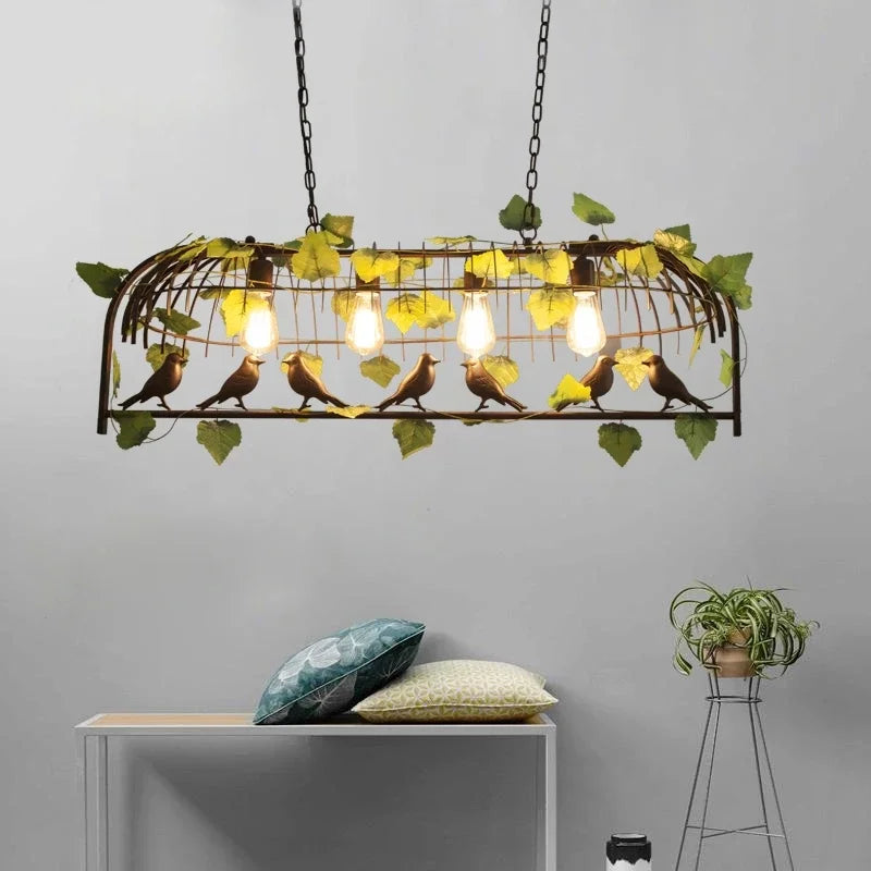 DecorBites™ Iron Bird Cage Chandelier with Green Leaf Decoration and LED Lamps