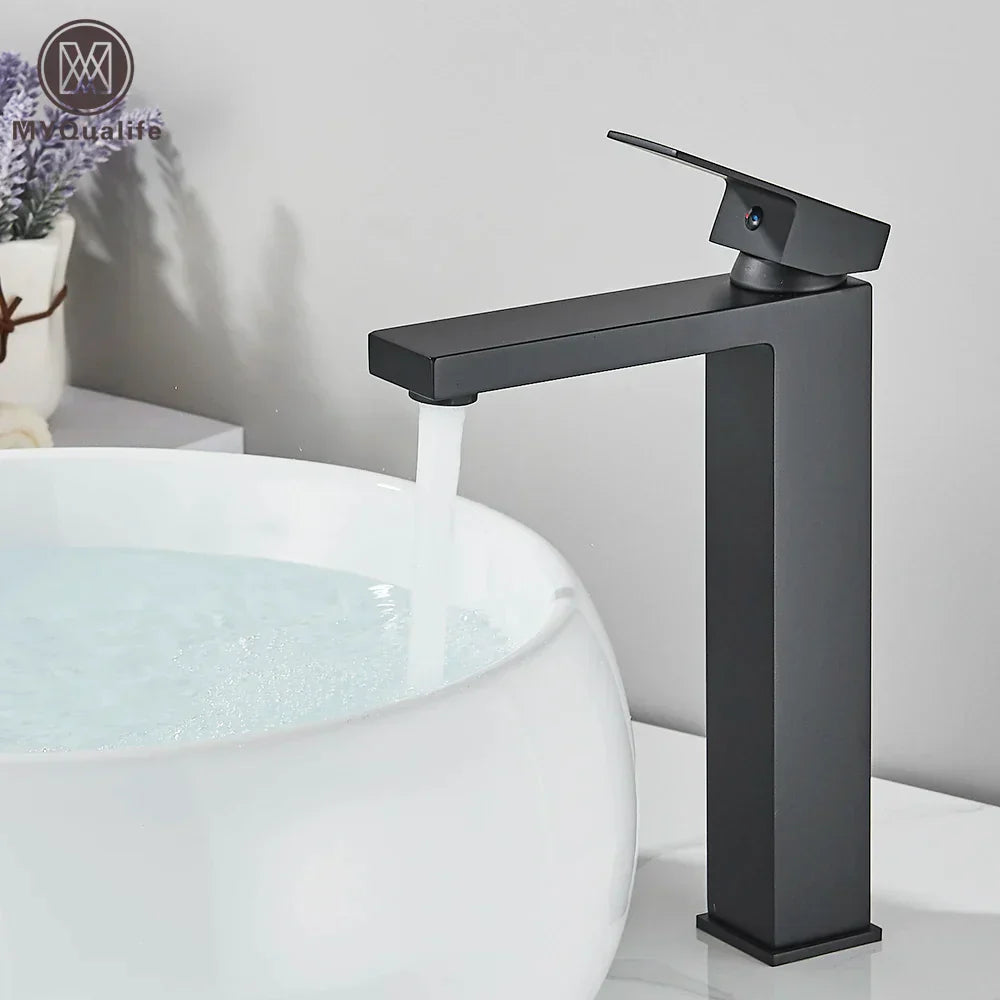 DecorBites™ Black Brass Square Basin Faucet: Bathroom Washbasin Mixer Tap, Single Handle Tall Model.