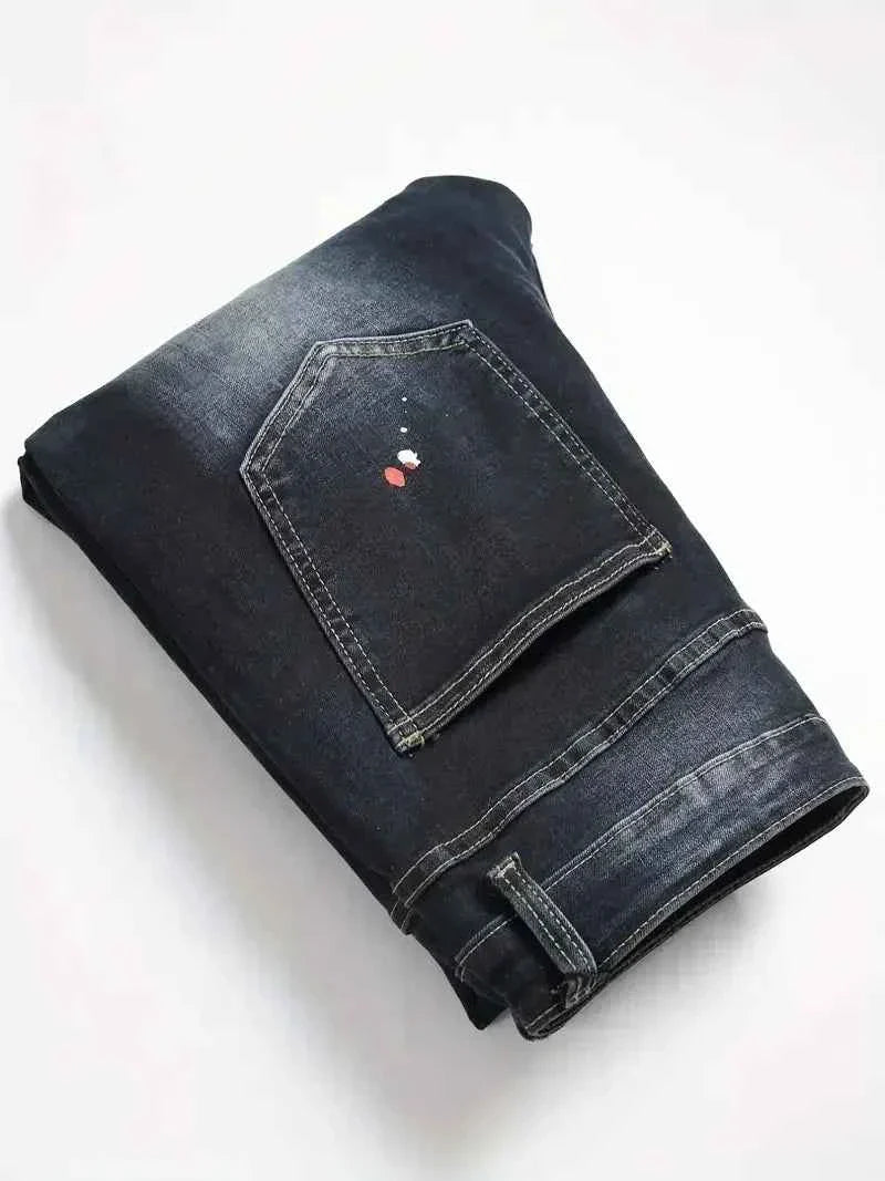 Men's Y2K Stretchy Denim Pants Ripped Skinny Letter Print elastic waist Casual pants